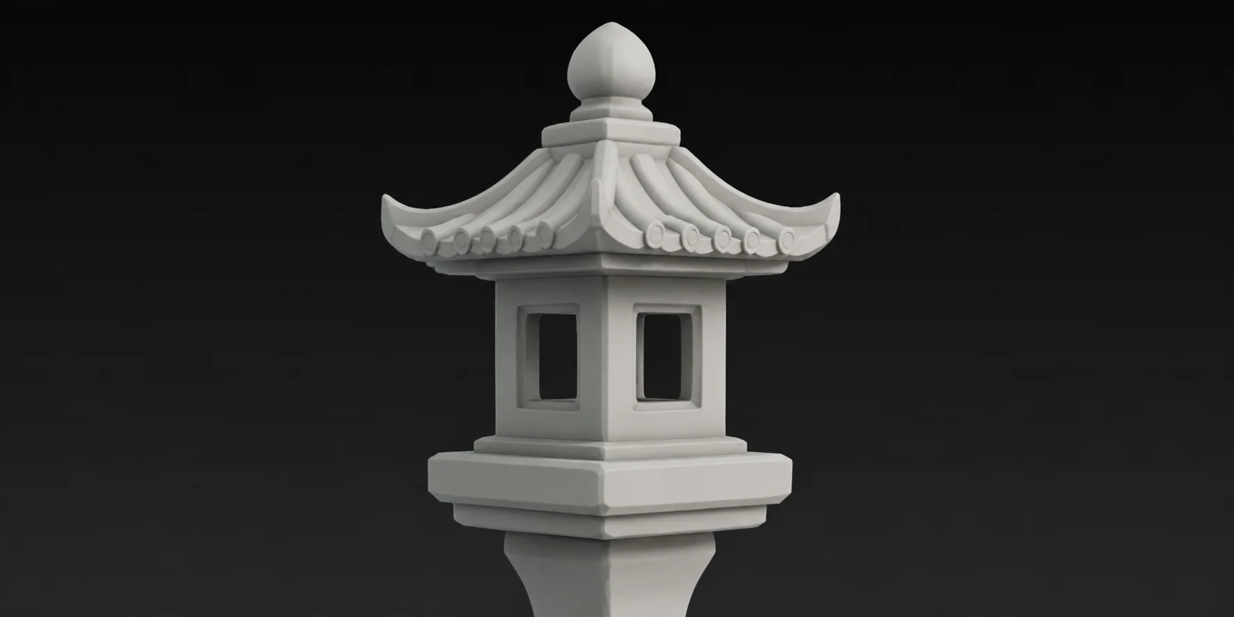 Untextured clay render of a stone garden lantern 3D model built from a single image