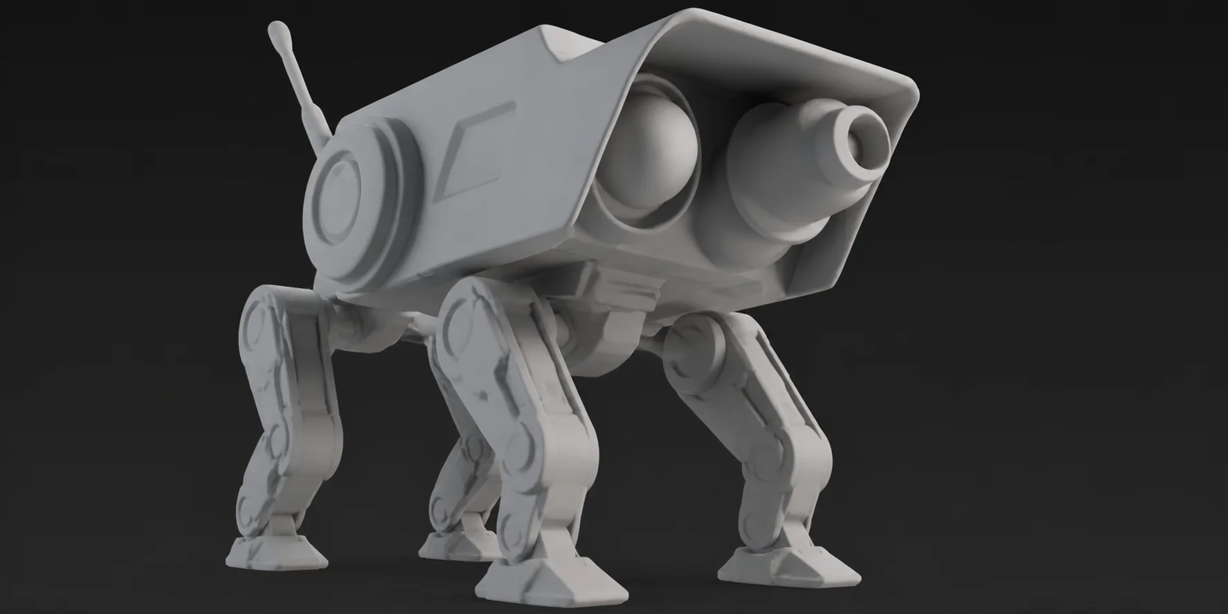Clay render of a walking robot 3D model generated by the image to 3D converter