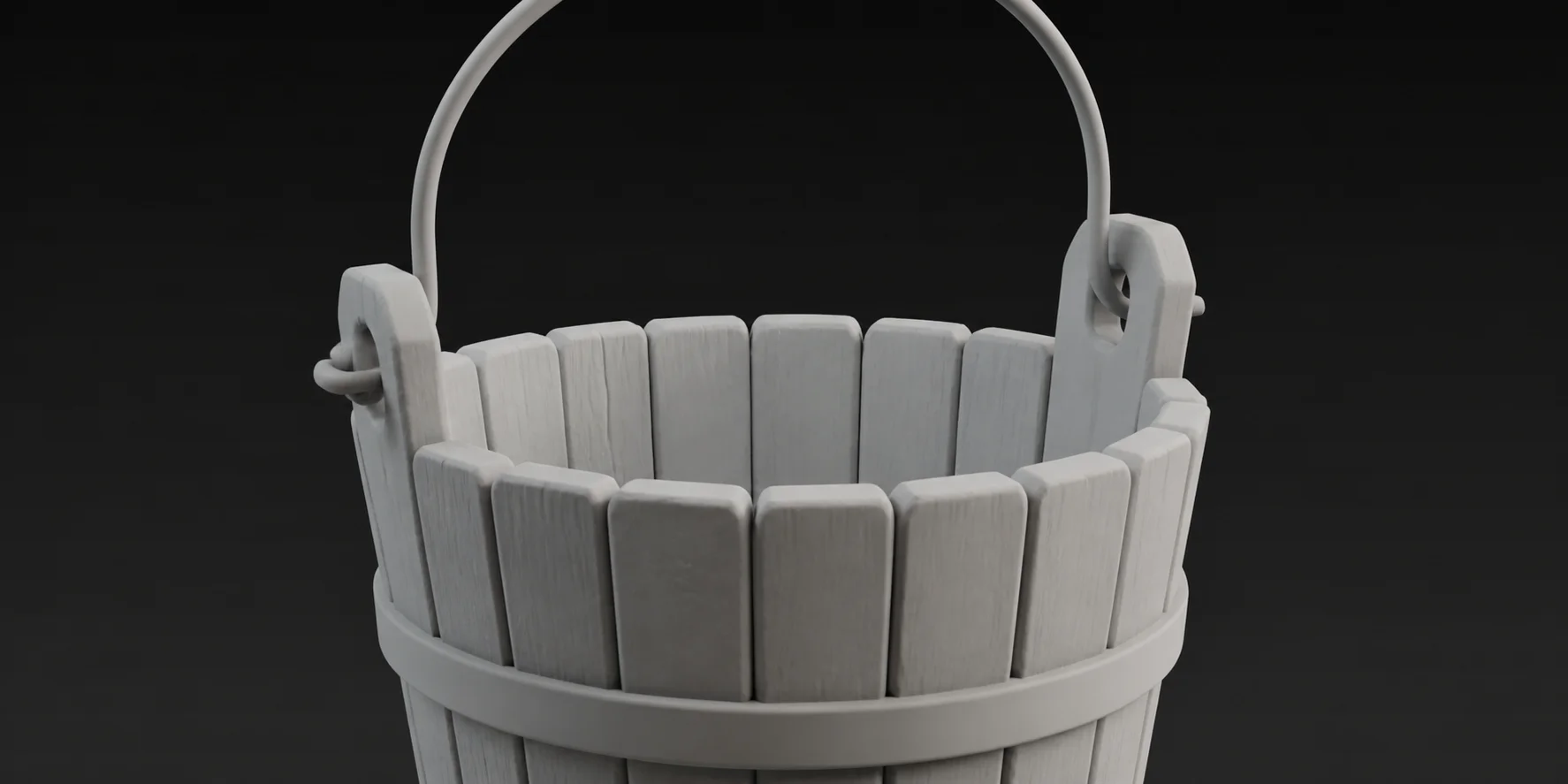 Clay render of a wooden bucket 3D model showing individual staves and a thin handle