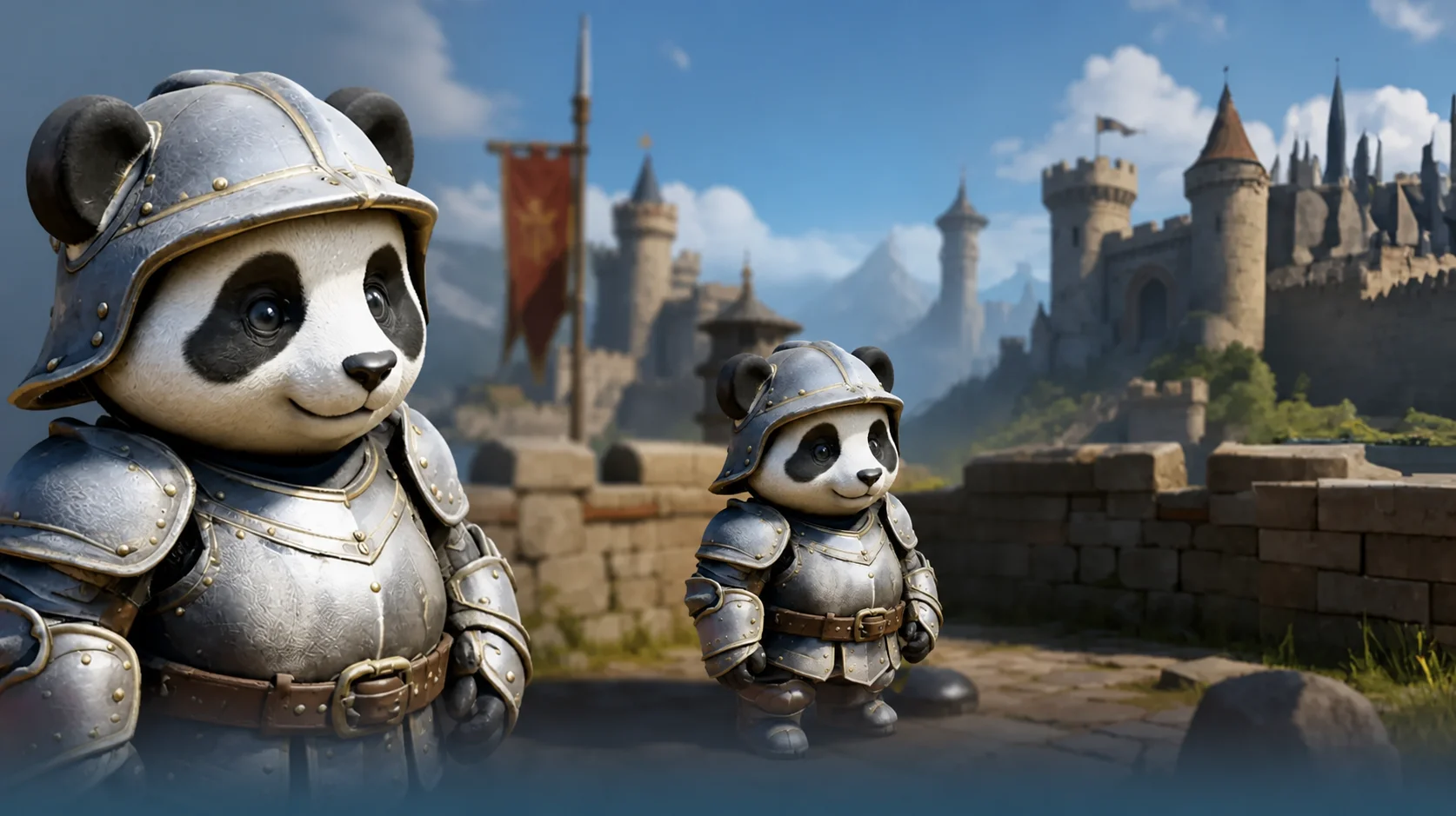 Armoured panda characters modelled in 3D for a game level built from concept images