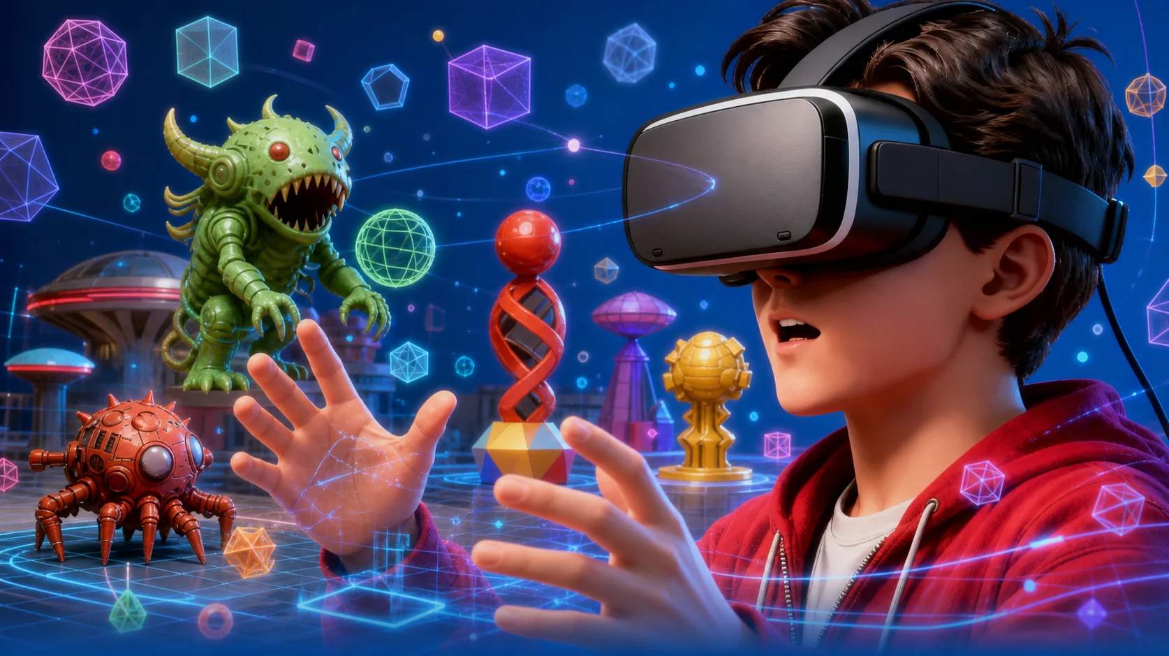 A player in a VR headset surrounded by colourful 3D models created from images